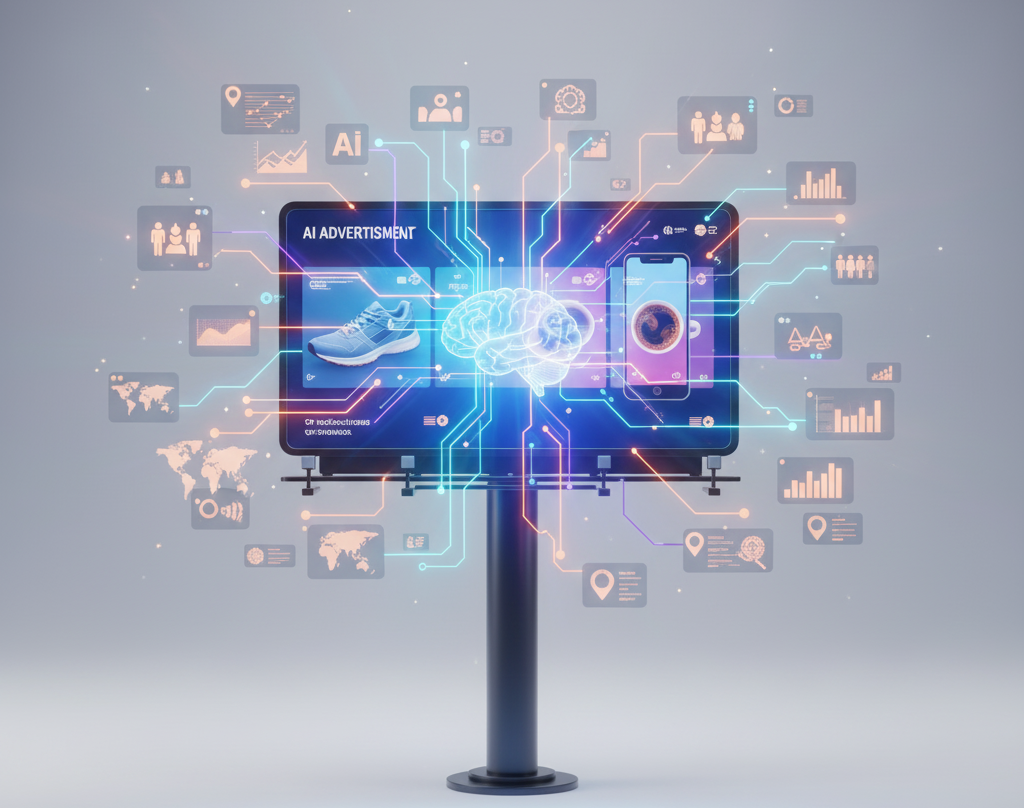 Animated visuals of AI generating banners, social posts, and videos